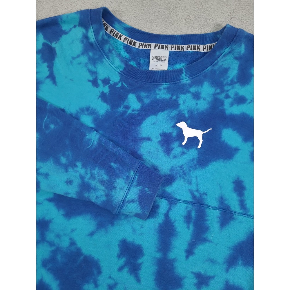 PINK Victoria's Secret Blue Tie Dye Spirit Jersey Sweatshirt Mesh Logo Sz Medium